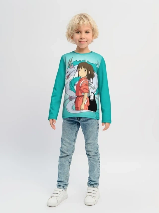 Детский лонгслив / Тихиро и Хаку зеленый фон