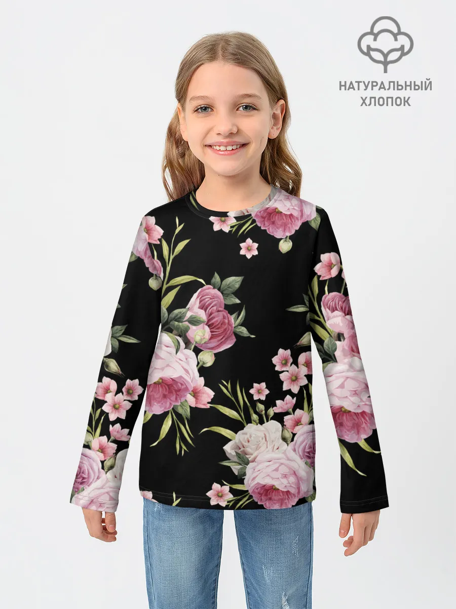 Детский лонгслив / Пионы на Чёрном