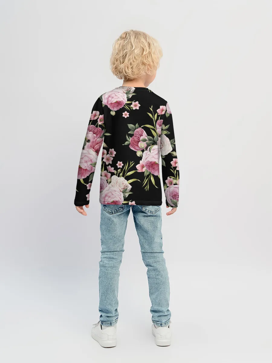 Детский лонгслив / Пионы на Чёрном