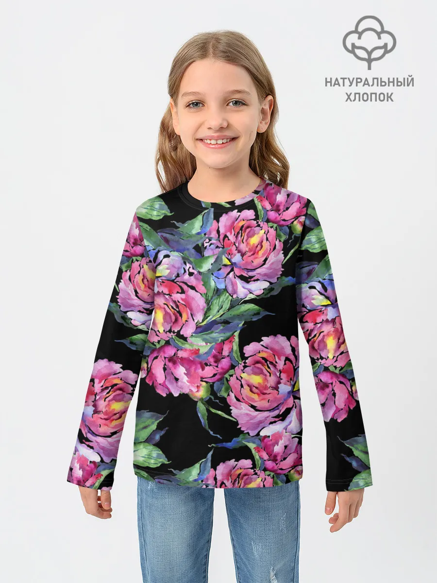 Детский лонгслив / Розовые пионы
