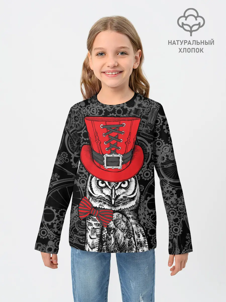 Детский лонгслив / Сова в цилиндре