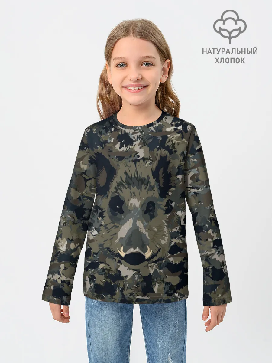 Детский лонгслив / Камуфляж с кабаном