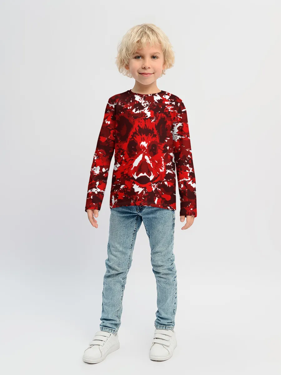 Детский лонгслив / Краснобелый камуфляж с кабаном
