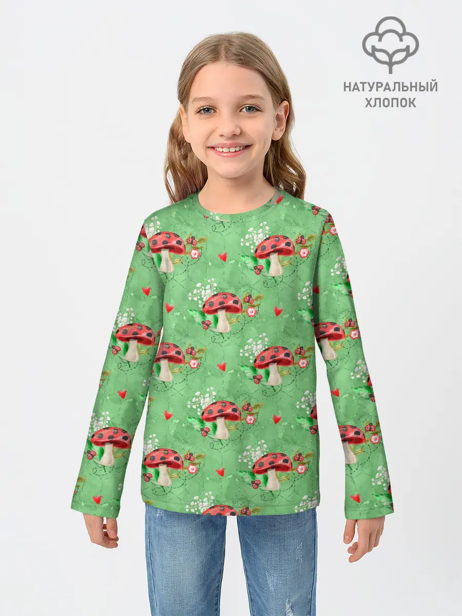 Детский лонгслив / Грибы Мухоморы паттерн