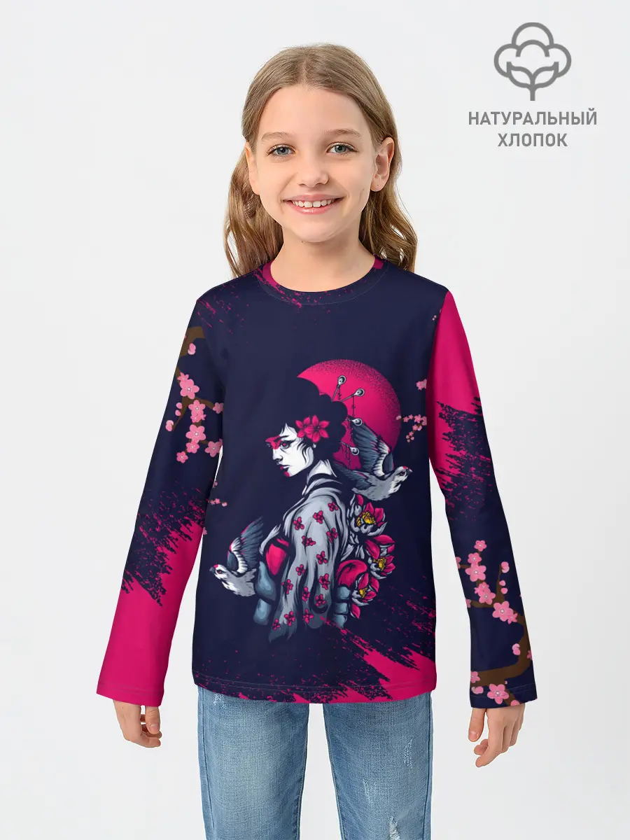 Детский лонгслив / ДЕВУШКА В КИМОНО И ПТИЦАМИ