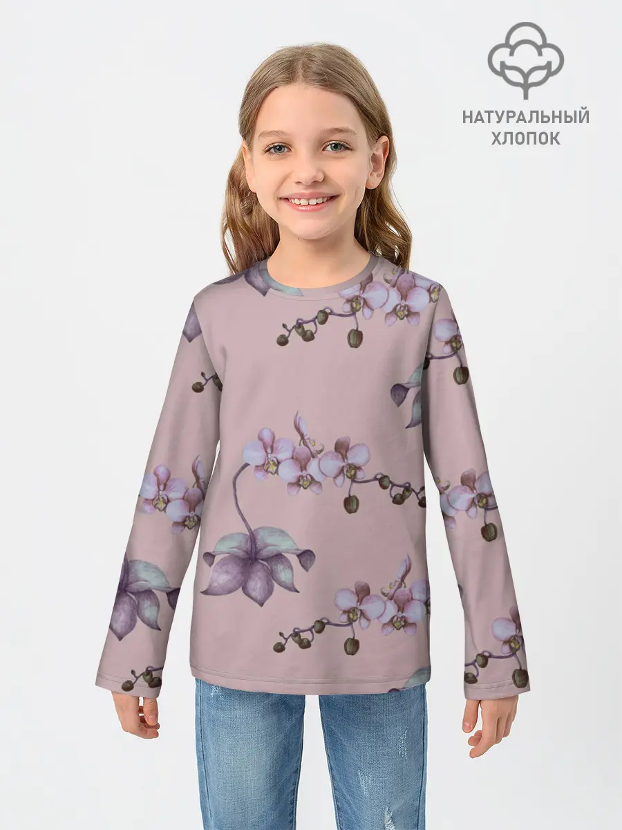 Детский лонгслив / Розовые орхидеи на розовом фоне