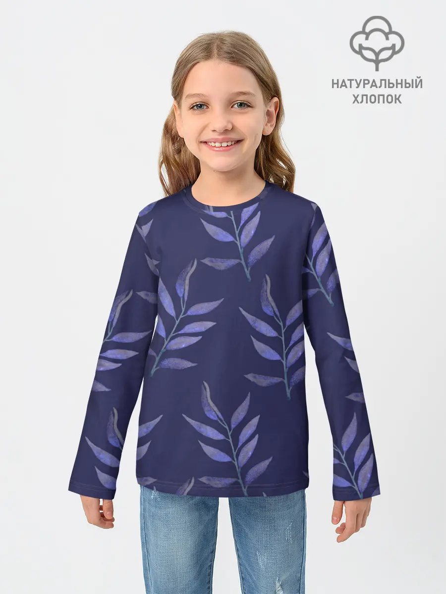 Детский лонгслив / Листья на темно синем фоне