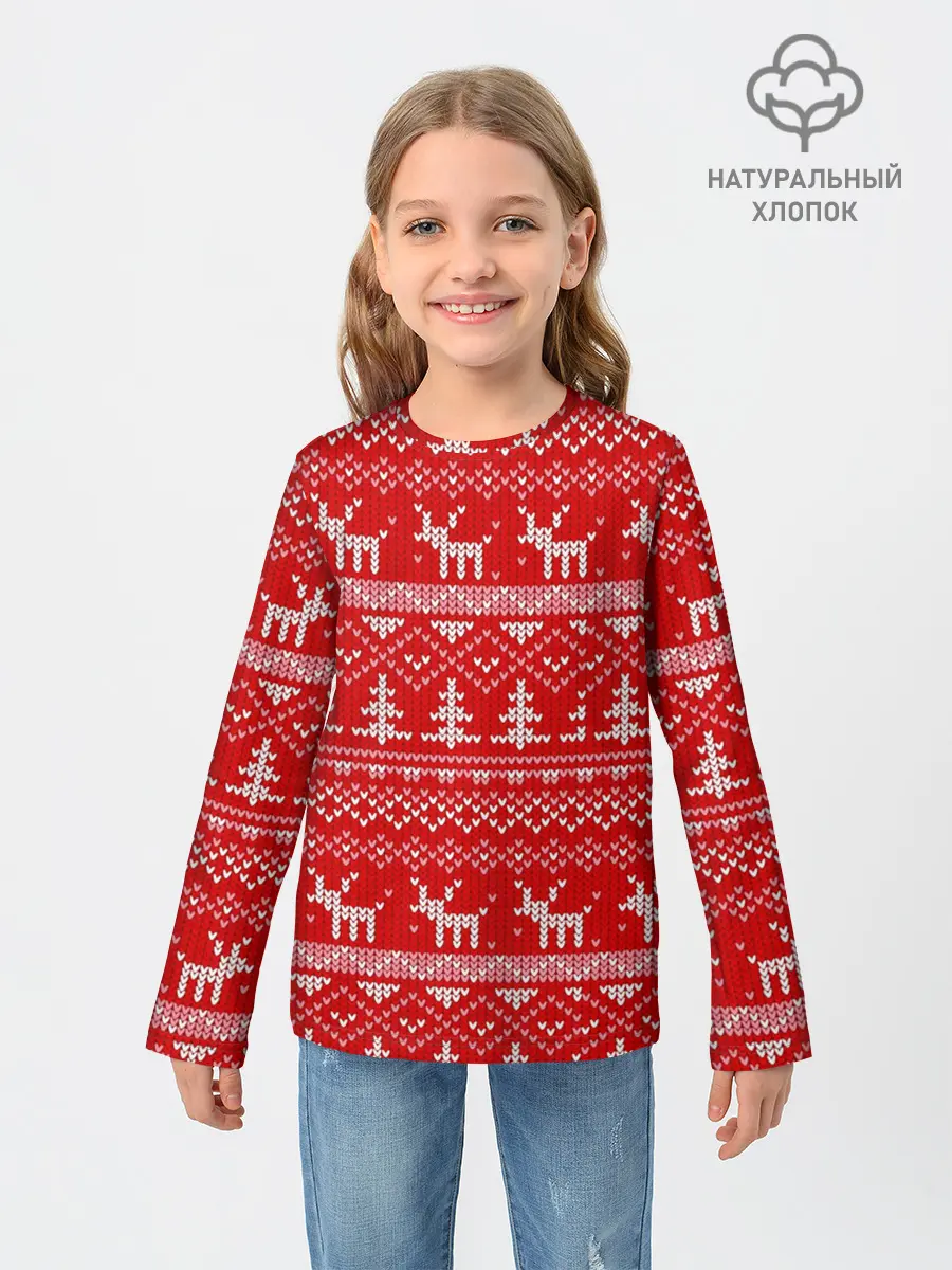 Детский лонгслив / Новогодний узор с оленями и елкой