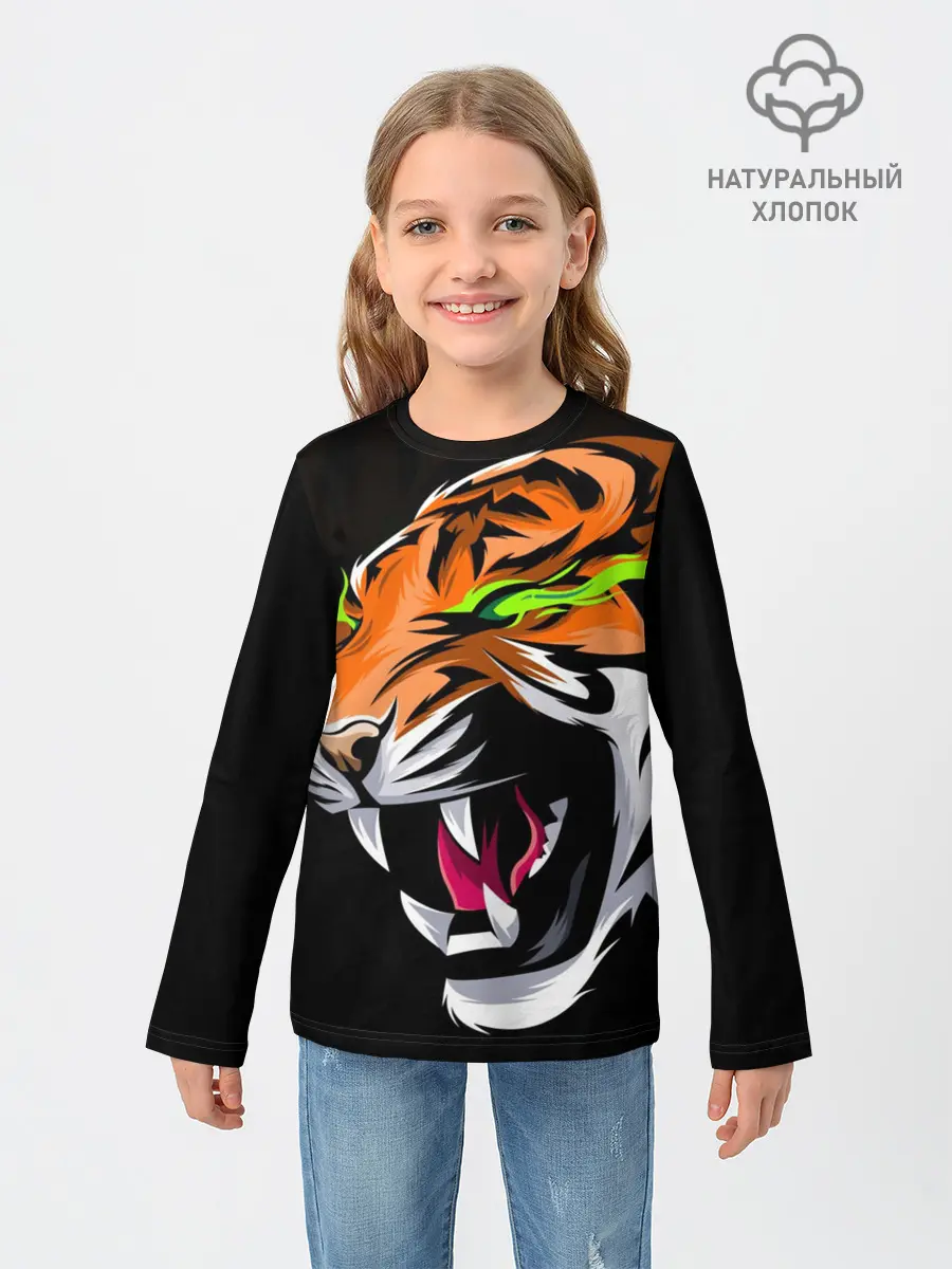 Детский лонгслив / Тигр, с зелеными глазами