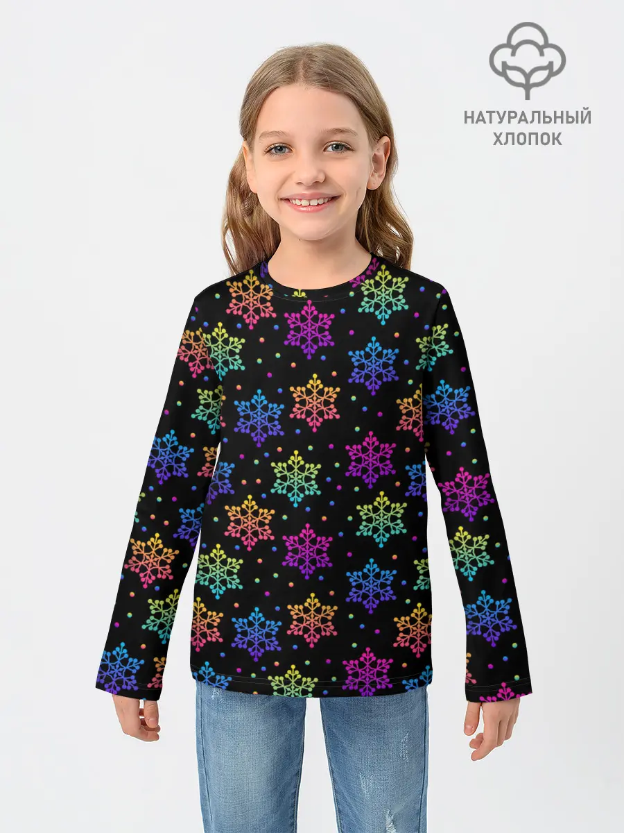 Детский лонгслив / Неоновые снежинки / Neon snowflakes