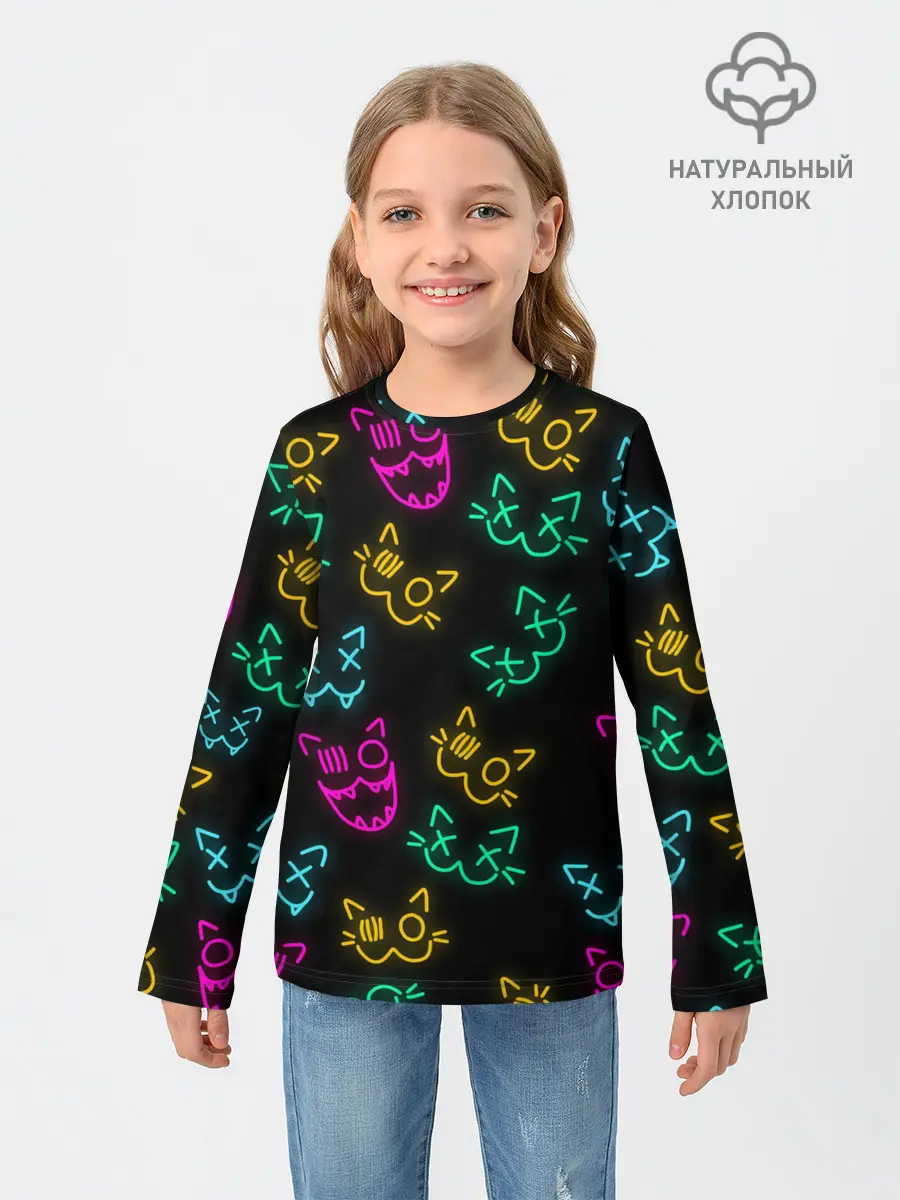 Детский лонгслив / НЕОНОВЫЕ КОТИКИ / NEON FACES CATS