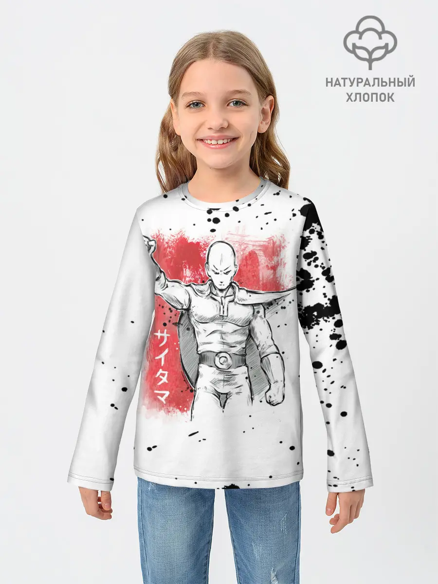 Детский лонгслив / One Punch-Man черные брызги Сайтама