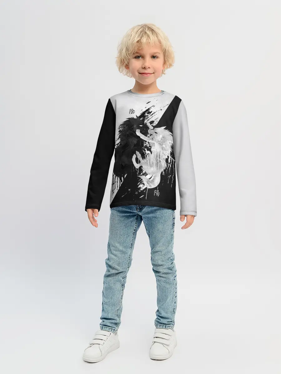Детский лонгслив / ИНЬ ЯНЬ ВОЛКИ ЧЁРНО БЕЛЫЙ