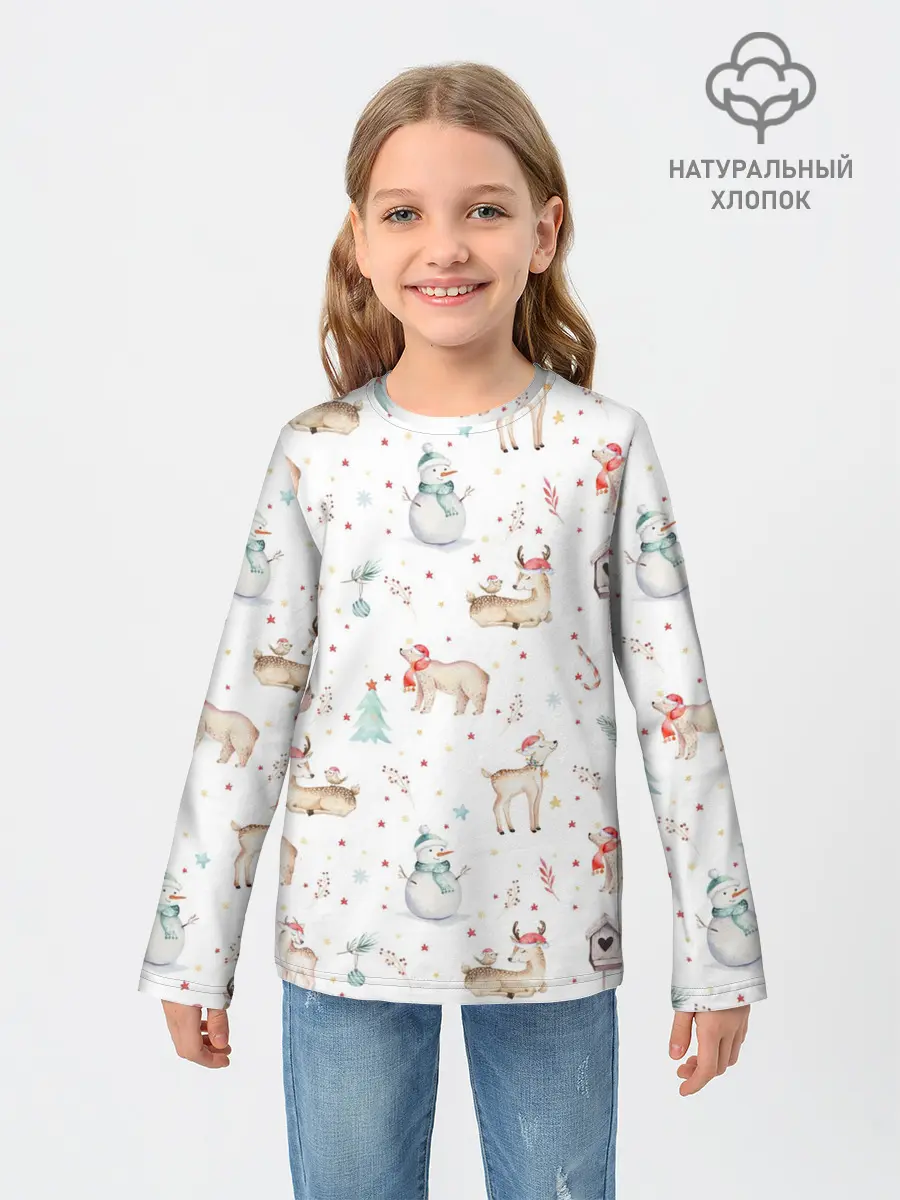 Детский лонгслив / Паттерн с оленями и медведями