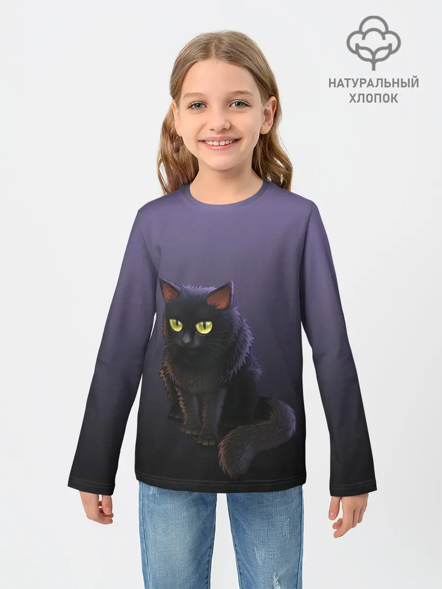 Детский лонгслив / черный кот на фиолетовом