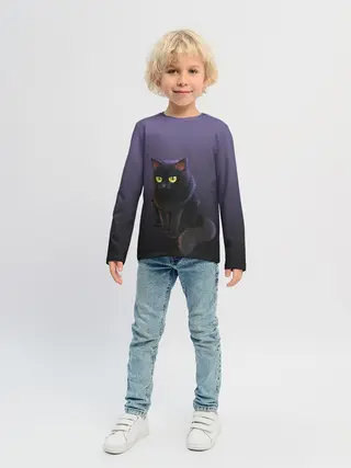 Детский лонгслив / черный кот на фиолетовом