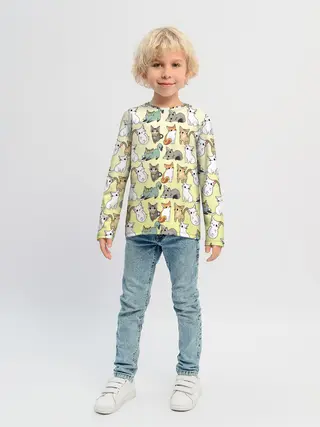 Детский лонгслив / мультяшные котики на желтом мя