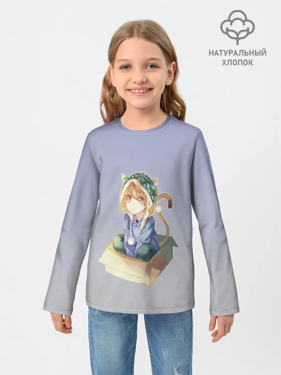 Детский лонгслив / мальчик кот в коробке уши мяу