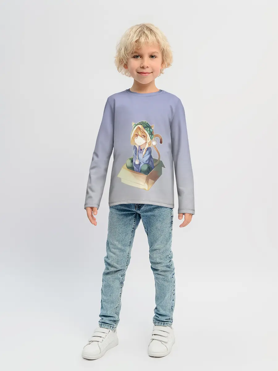 Детский лонгслив / мальчик кот в коробке уши мяу