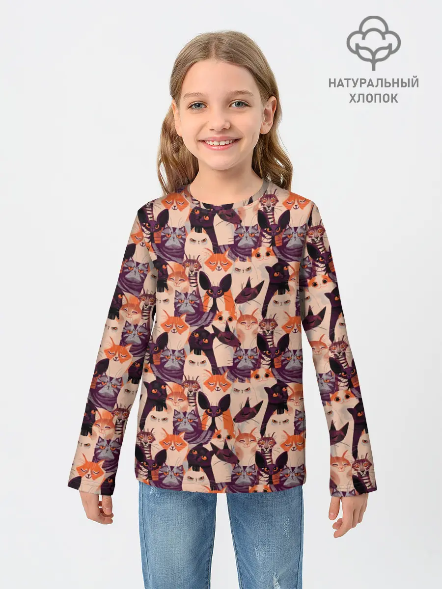 Детский лонгслив / Мемные Коты Паттерн