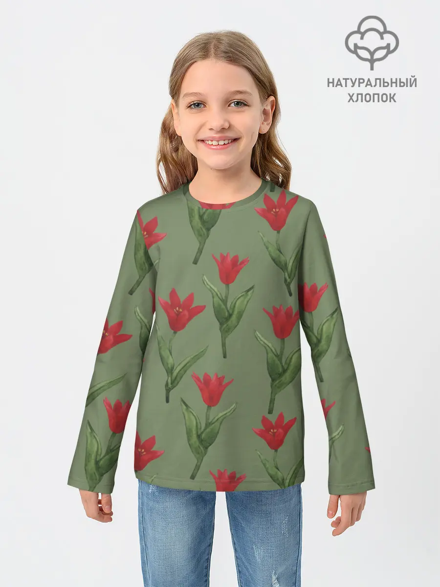 Детский лонгслив / Красные тюльпаны на зеленом