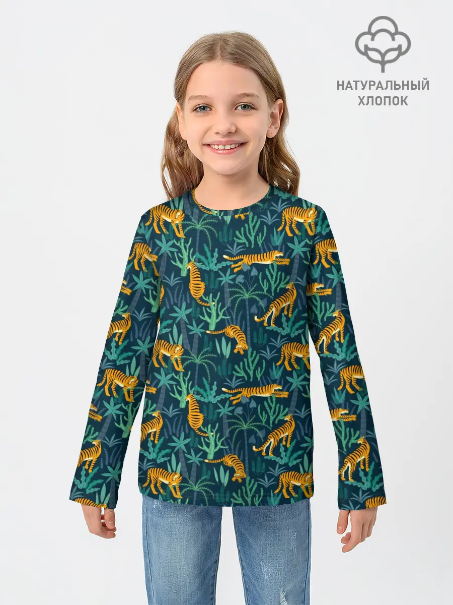 Детский лонгслив / Паттерн из Тигров и Растений