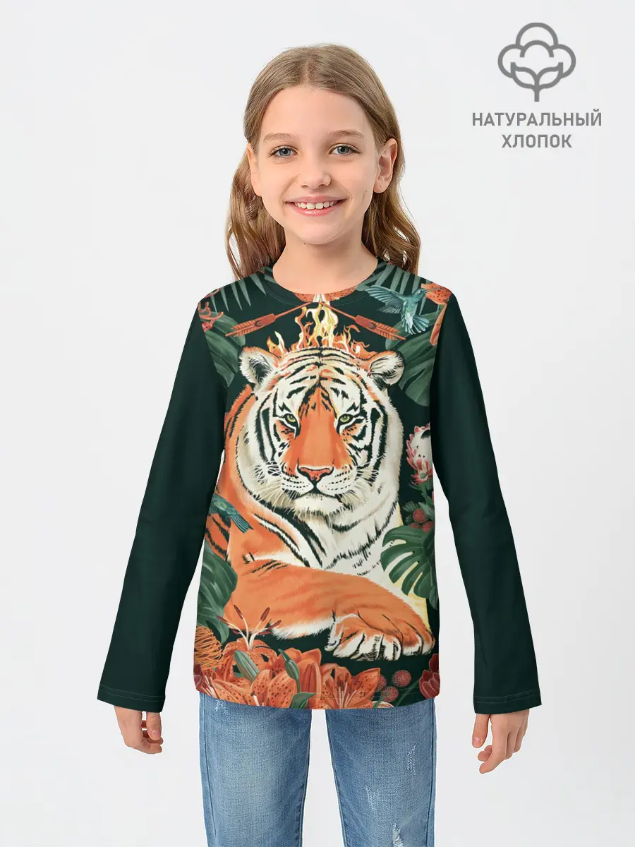 Детский лонгслив / Огненный Тигр в Цветах