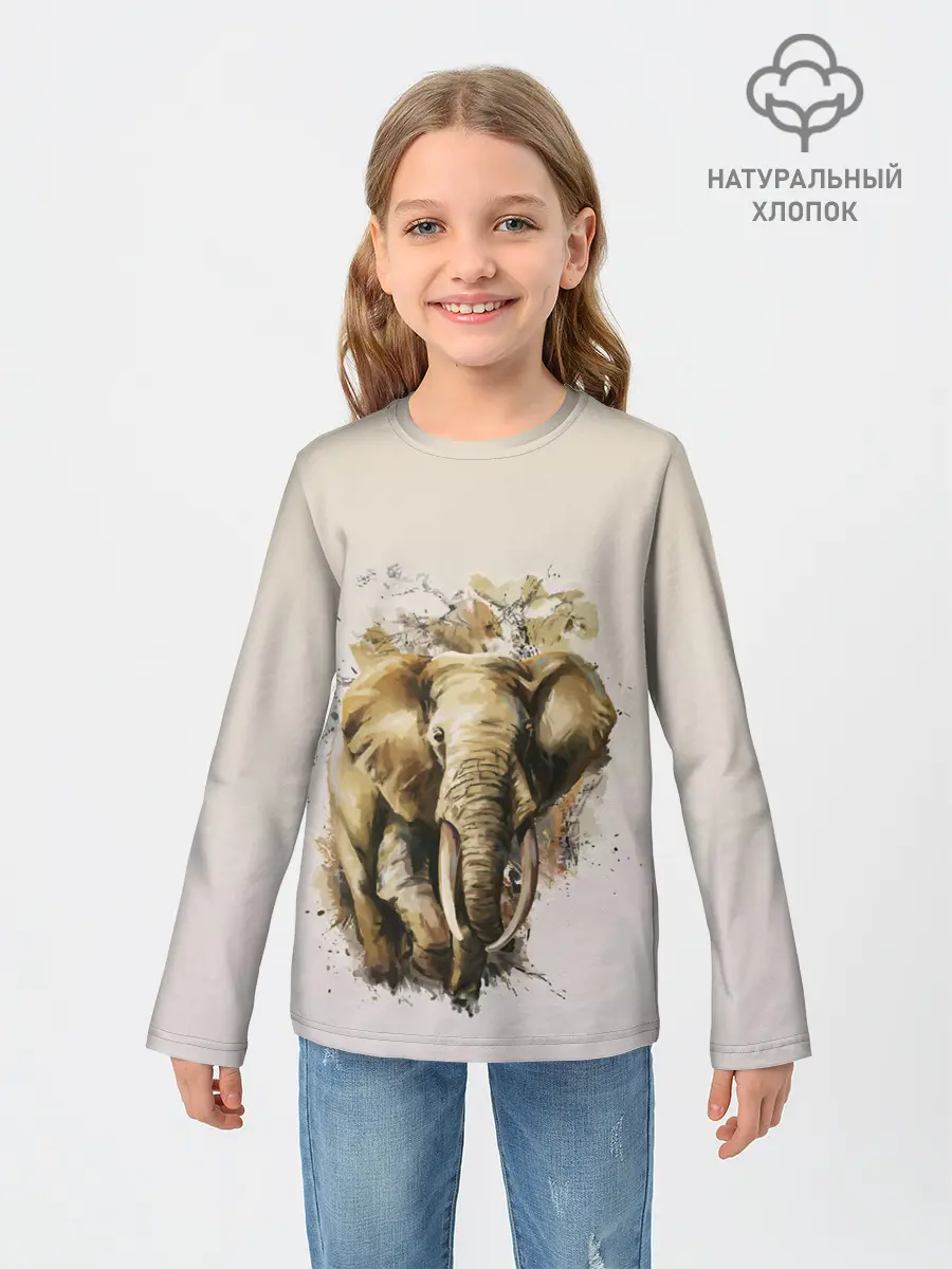 Детский лонгслив / акварельный слон брызги