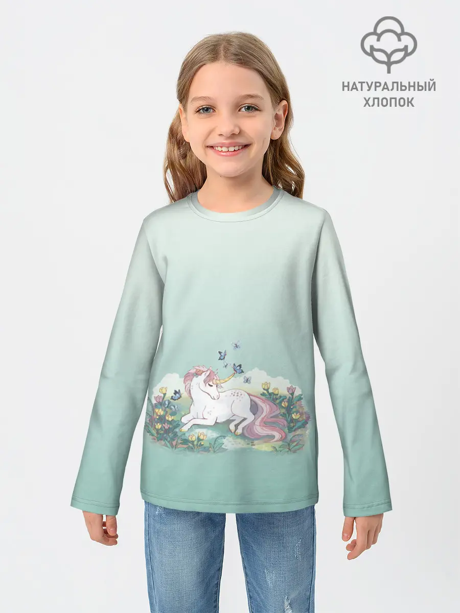 Детский лонгслив / единорог с бабочками