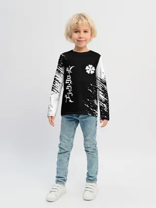 Детский лонгслив / Белый логотип Черный клевер на черном