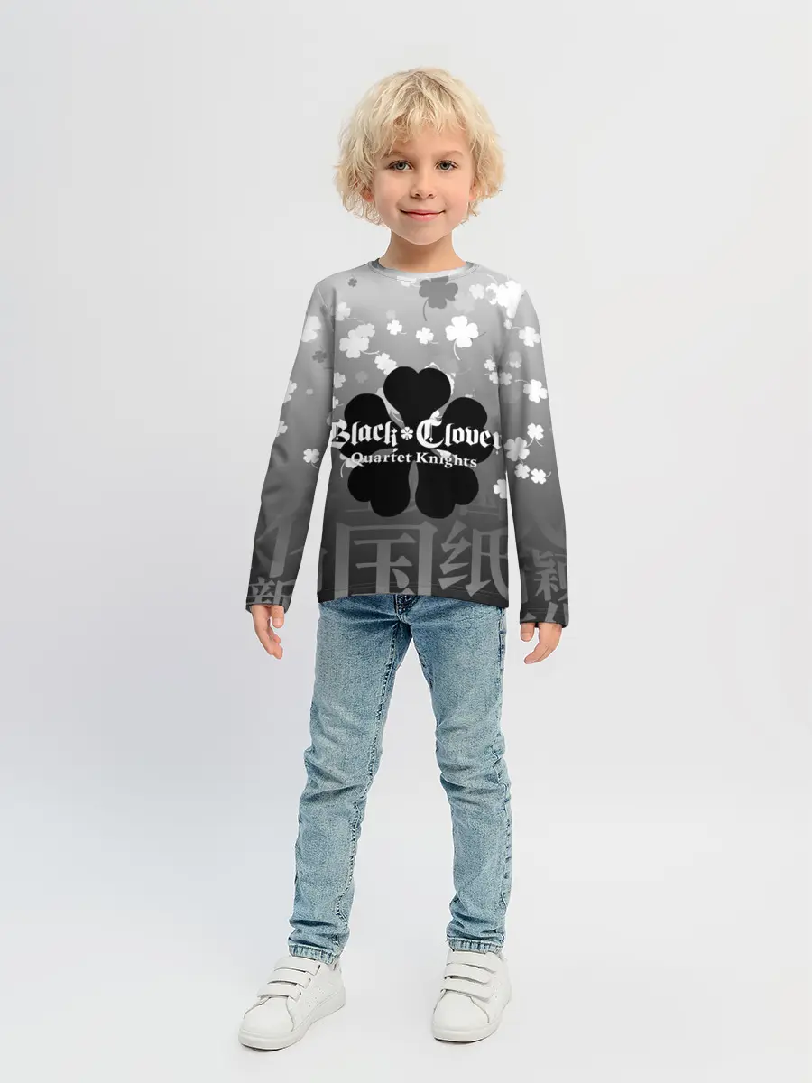 Детский лонгслив / Черный логотип Клевера на сером градиенте