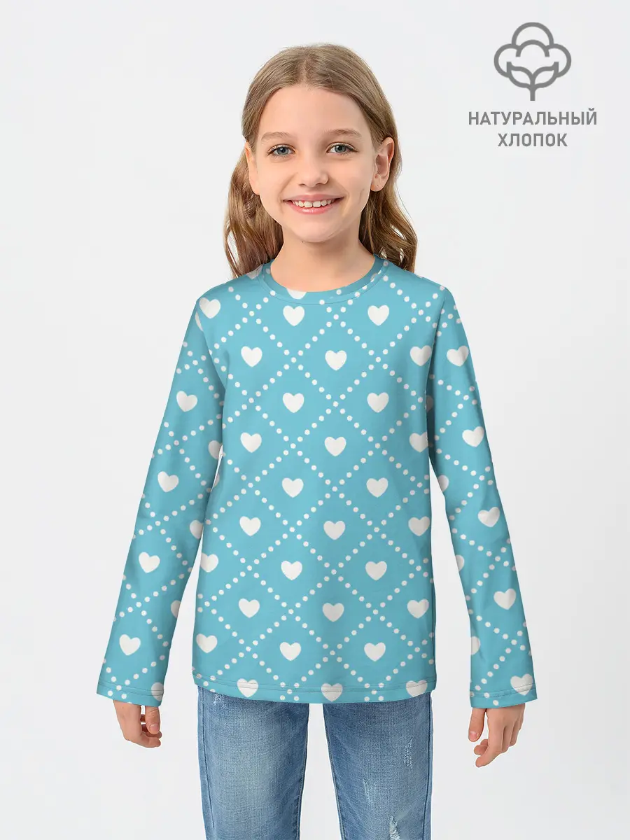 Детский лонгслив / Белые сердечки на голубом фоне