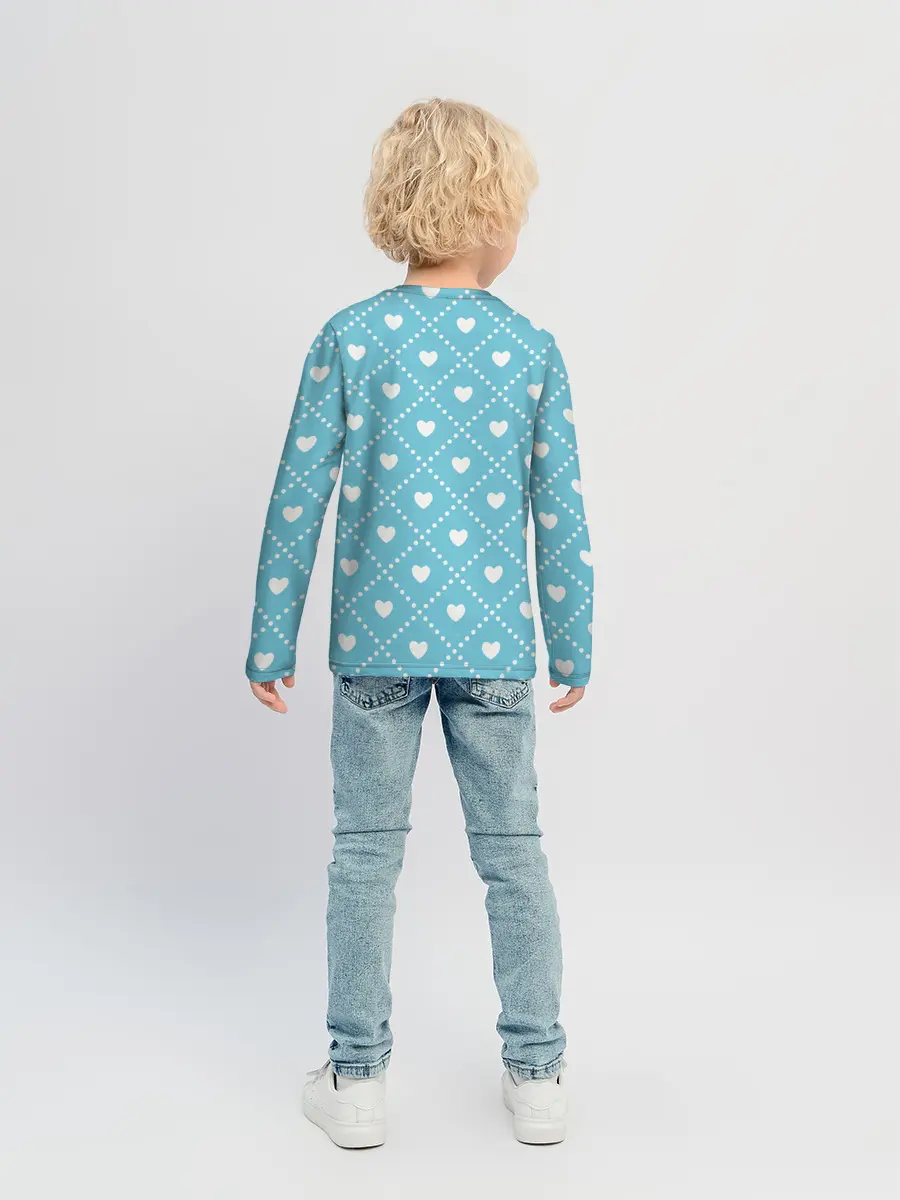Детский лонгслив / Белые сердечки на голубом фоне