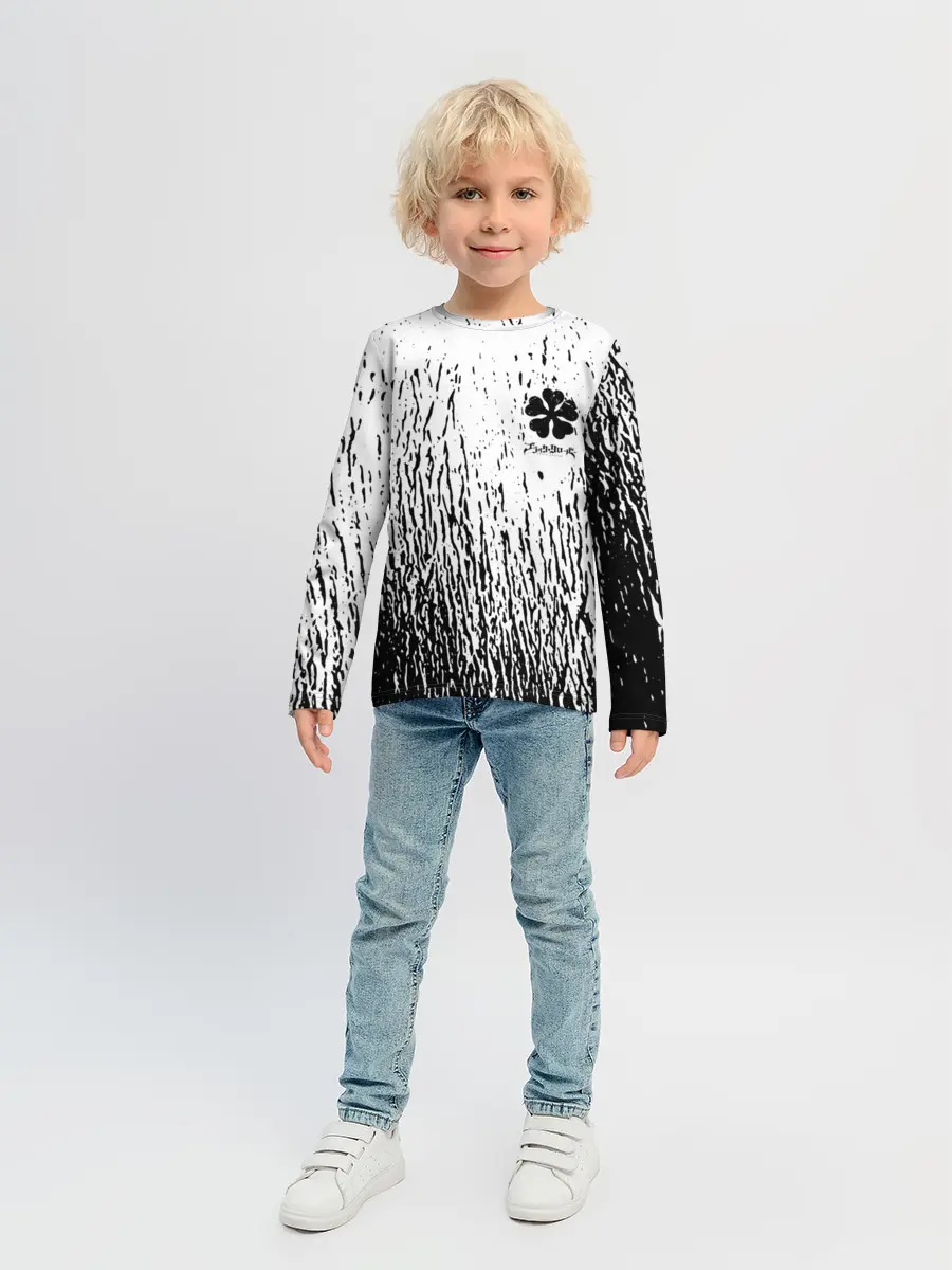 Детский лонгслив / Черный клевер на едко белом фоне