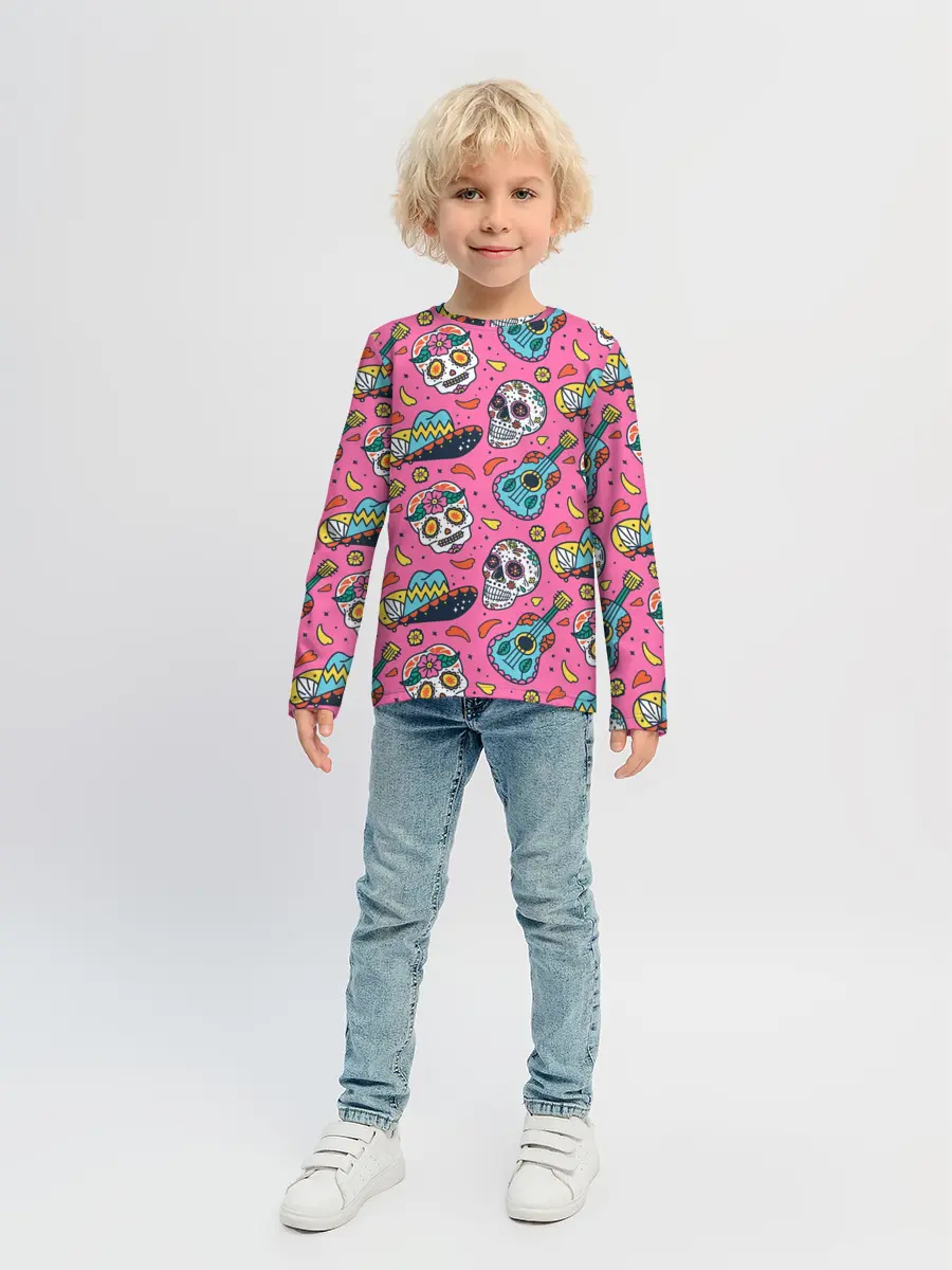 Детский лонгслив / День Мёртвых узор из черепов