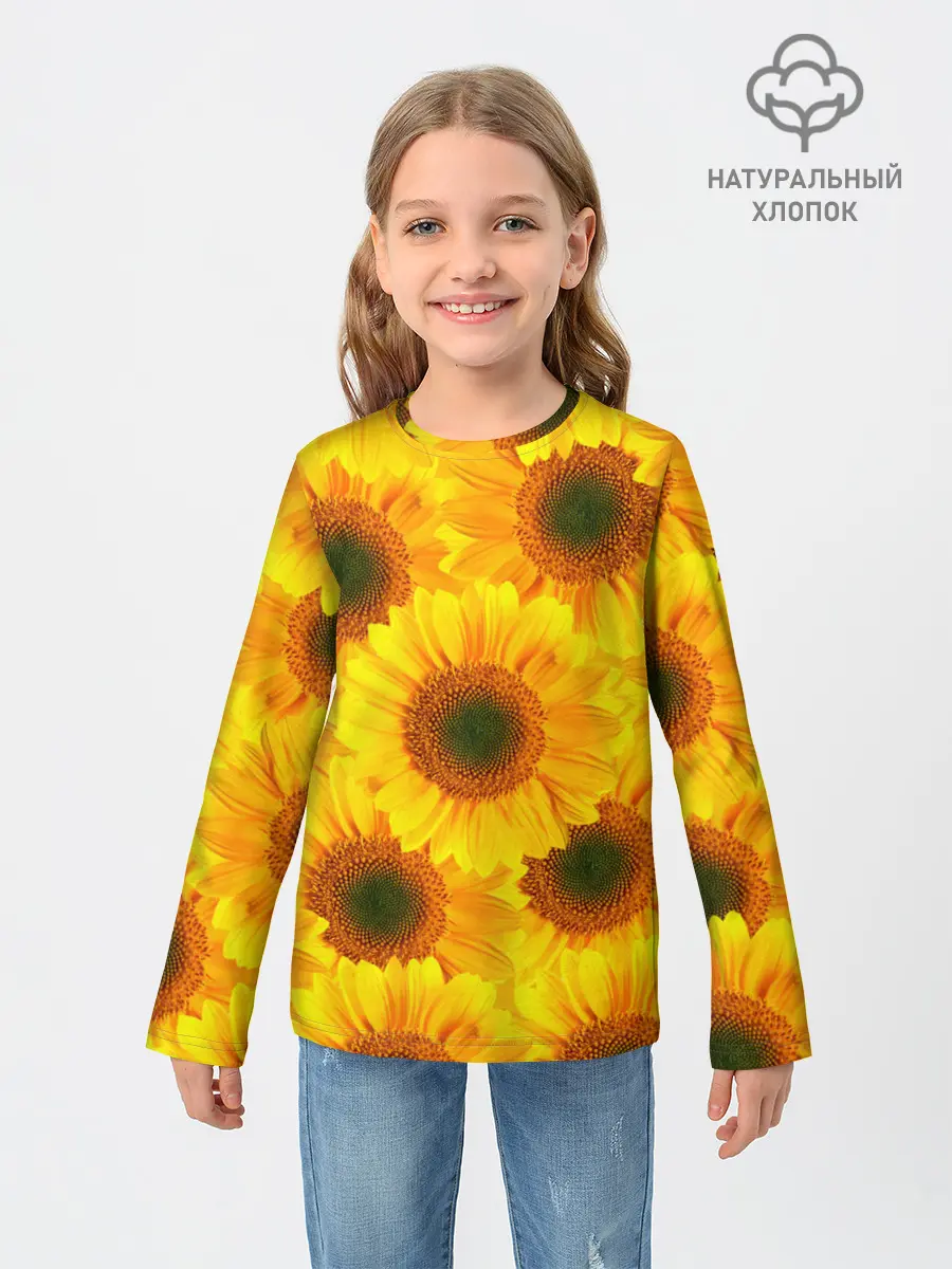Детский лонгслив / Принт подсолнухи желтый