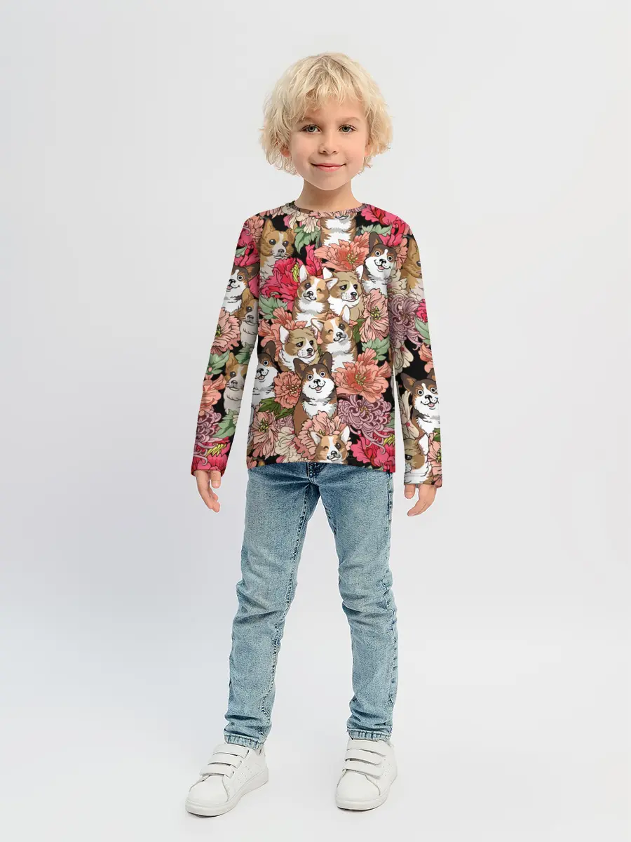 Детский лонгслив / Корги & Цветы