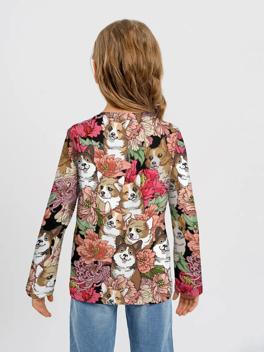 Детский лонгслив / Корги & Цветы