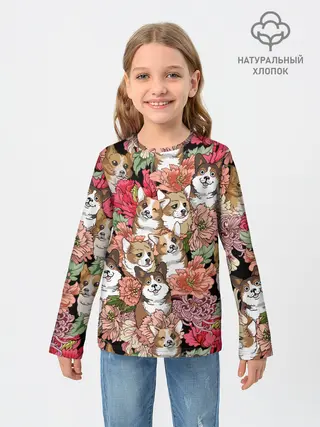 Детский лонгслив / Корги & Цветы