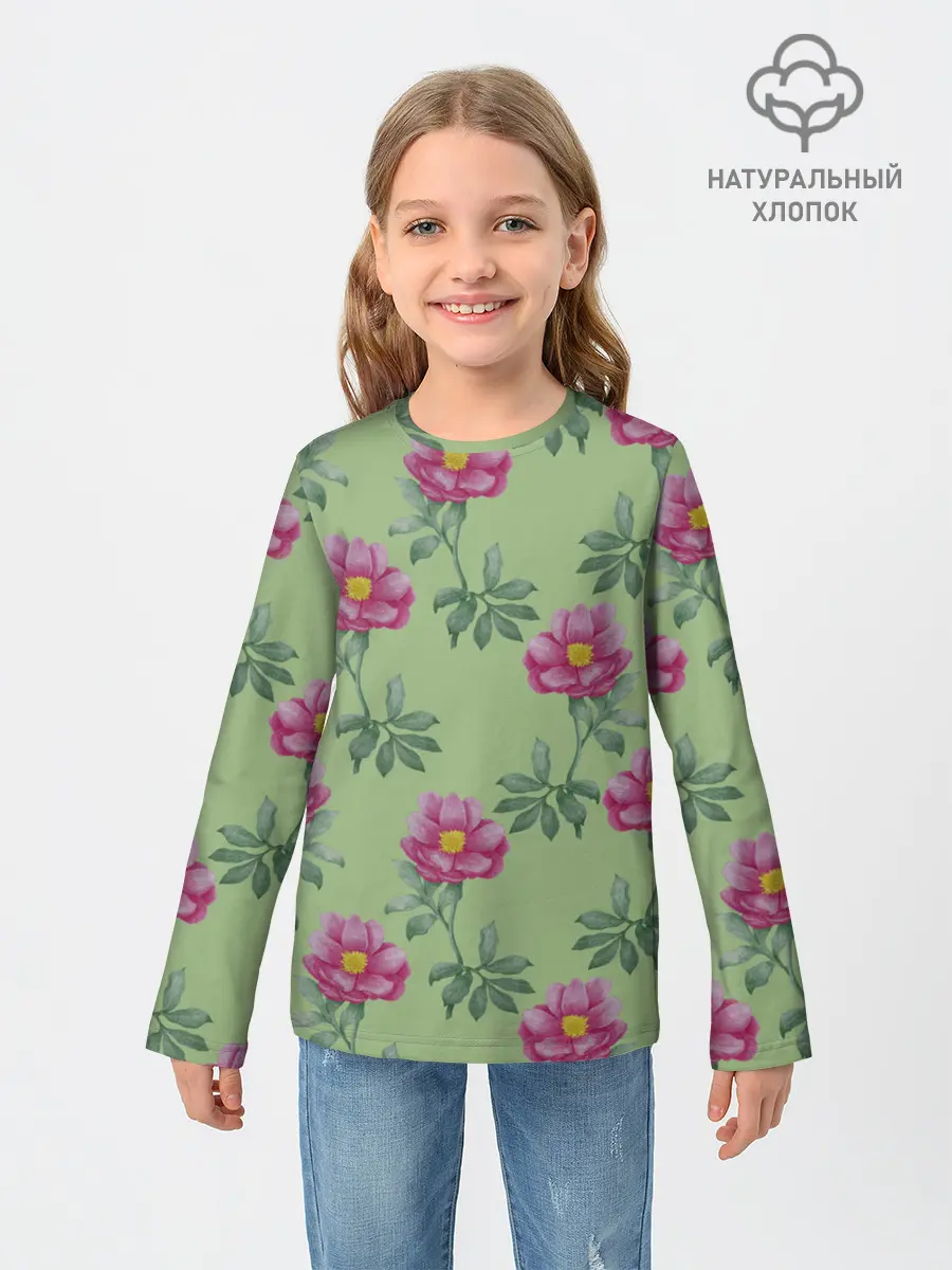 Детский лонгслив / Пионы на светло зеленом фоне