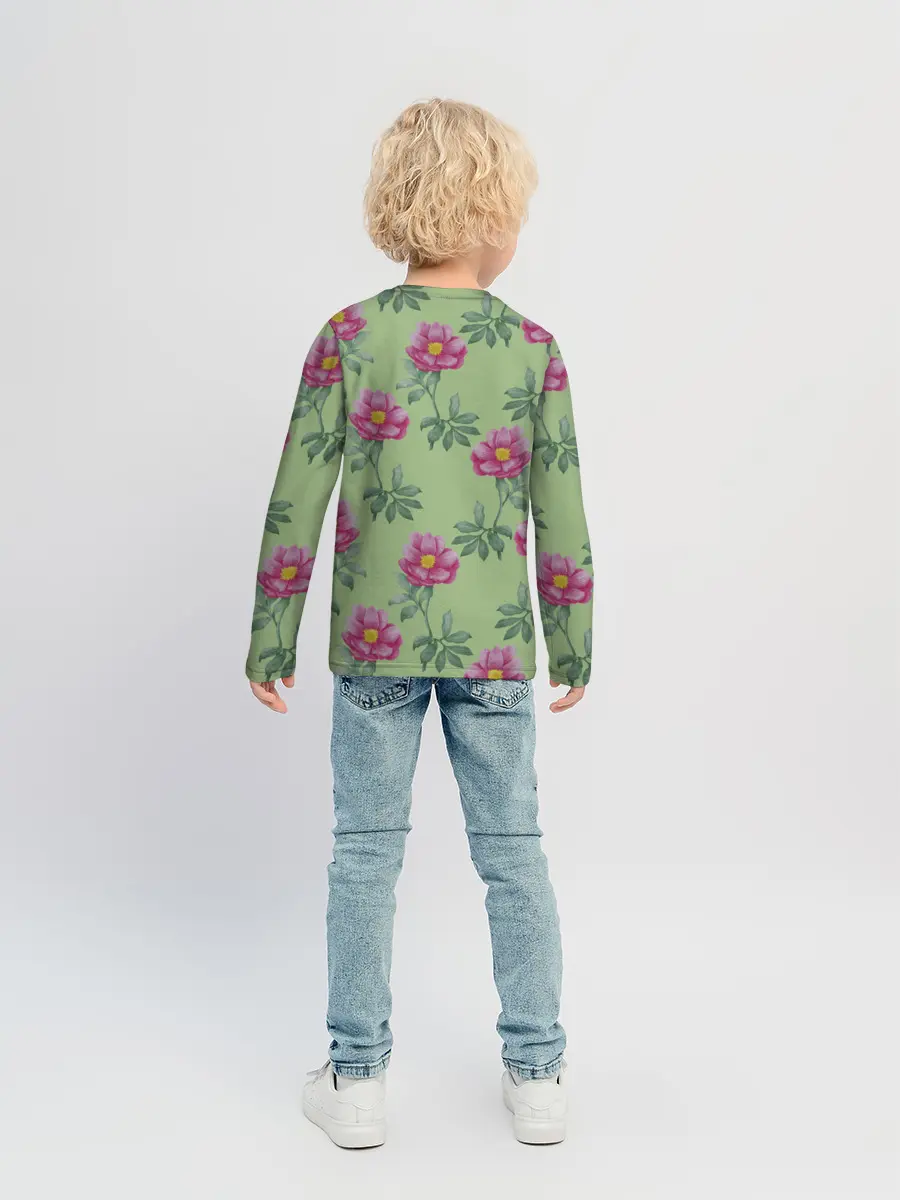 Детский лонгслив / Пионы на светло зеленом фоне
