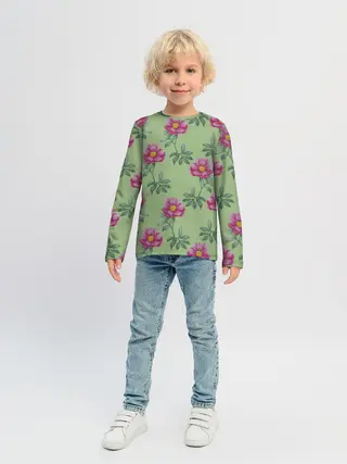 Детский лонгслив / Пионы на светло зеленом фоне