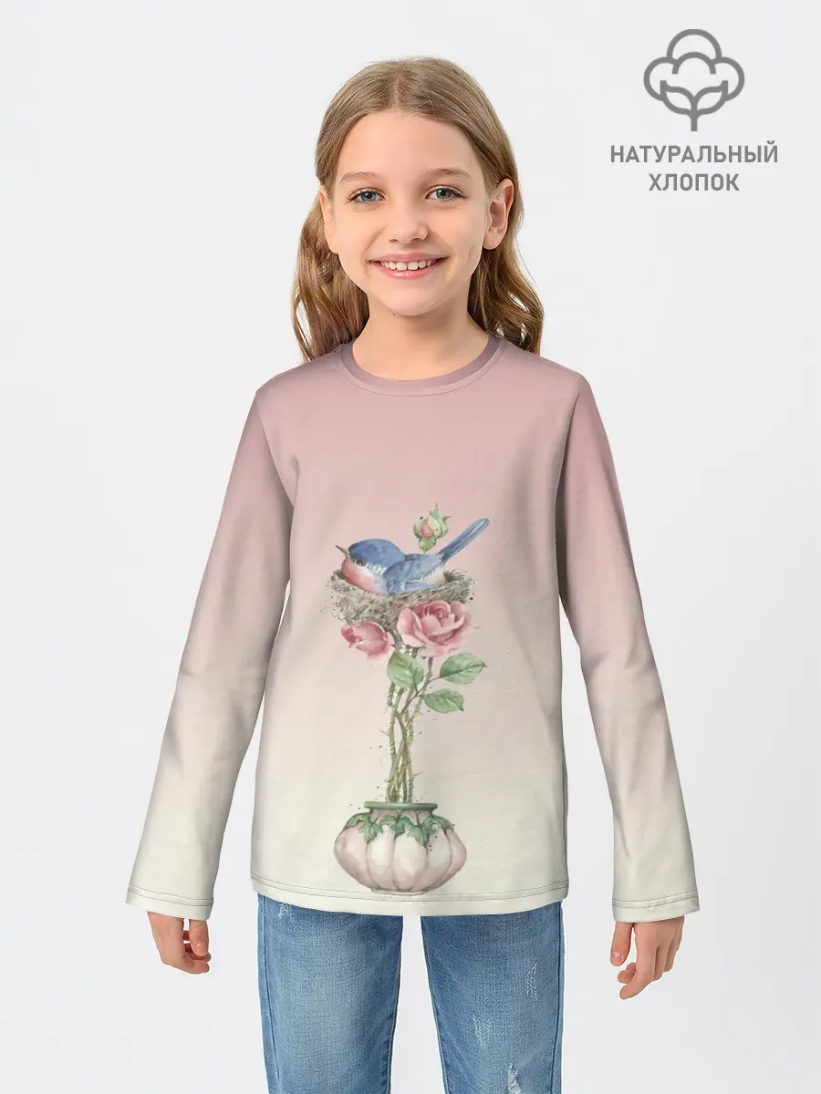 Детский лонгслив / Птичка в гнезде роза