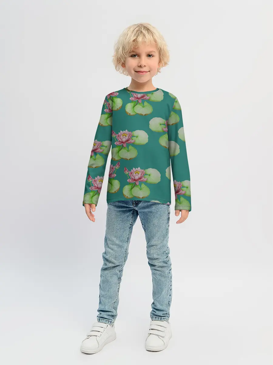 Детский лонгслив / Лотосы на темно бирюзовом фоне