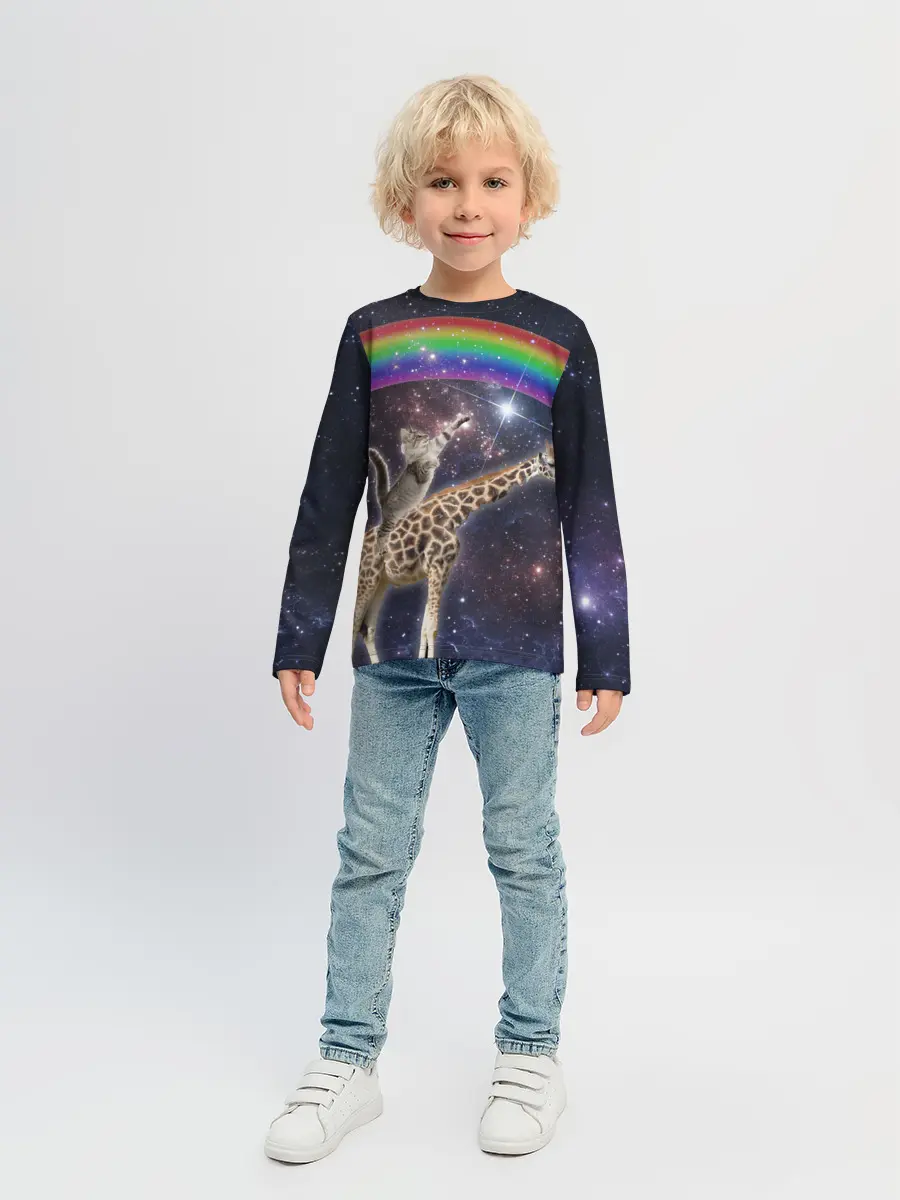 Детский лонгслив / Кот на Жирафе