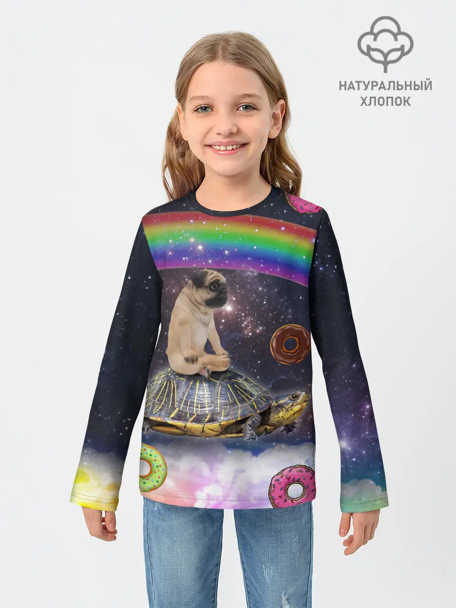 Детский лонгслив / Мопс на черепахе в космосе