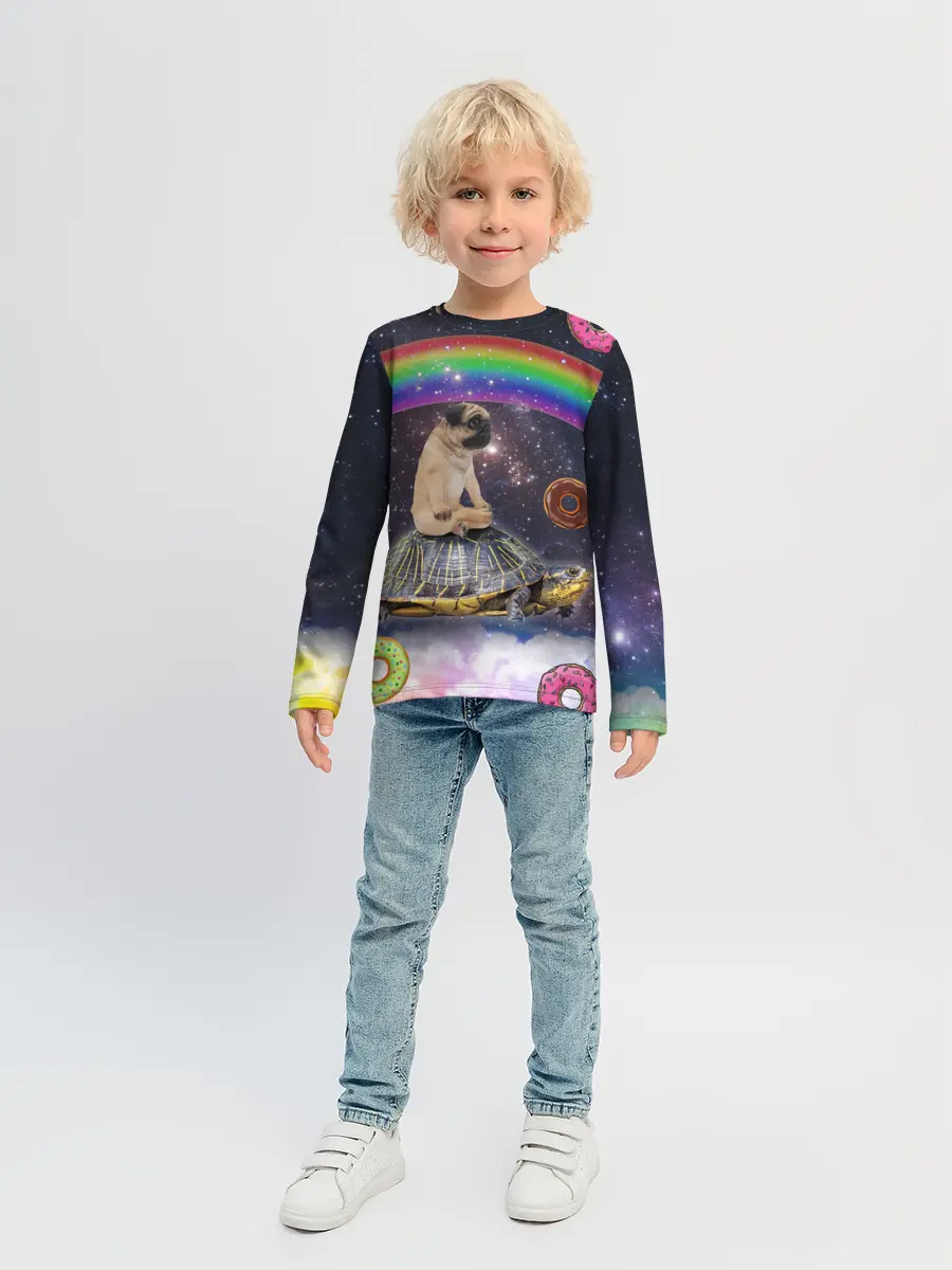 Детский лонгслив / Мопс на черепахе в космосе