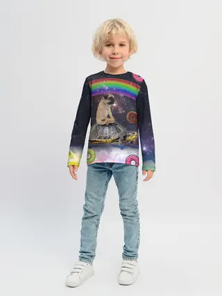 Детский лонгслив / Мопс на черепахе в космосе