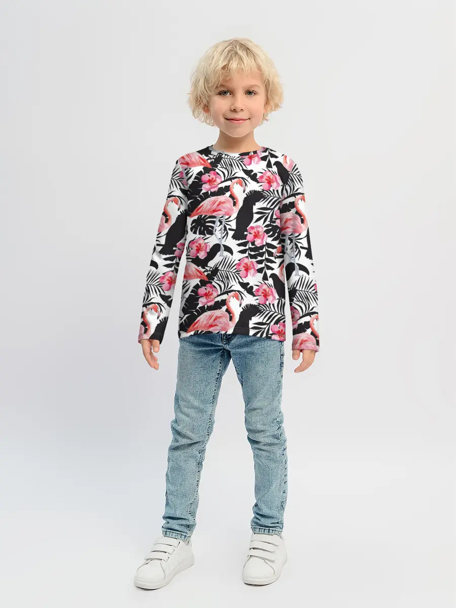 Детский лонгслив / фламинго и попугаи