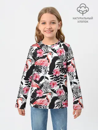 Детский лонгслив / фламинго и попугаи